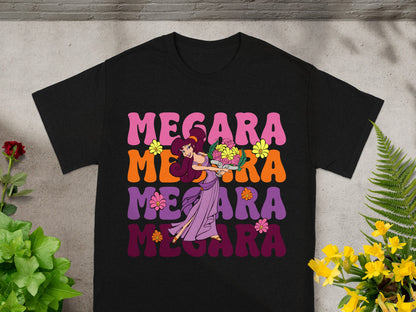 Black t-shirt with Megara's name in colorful lettering and a character illustration.