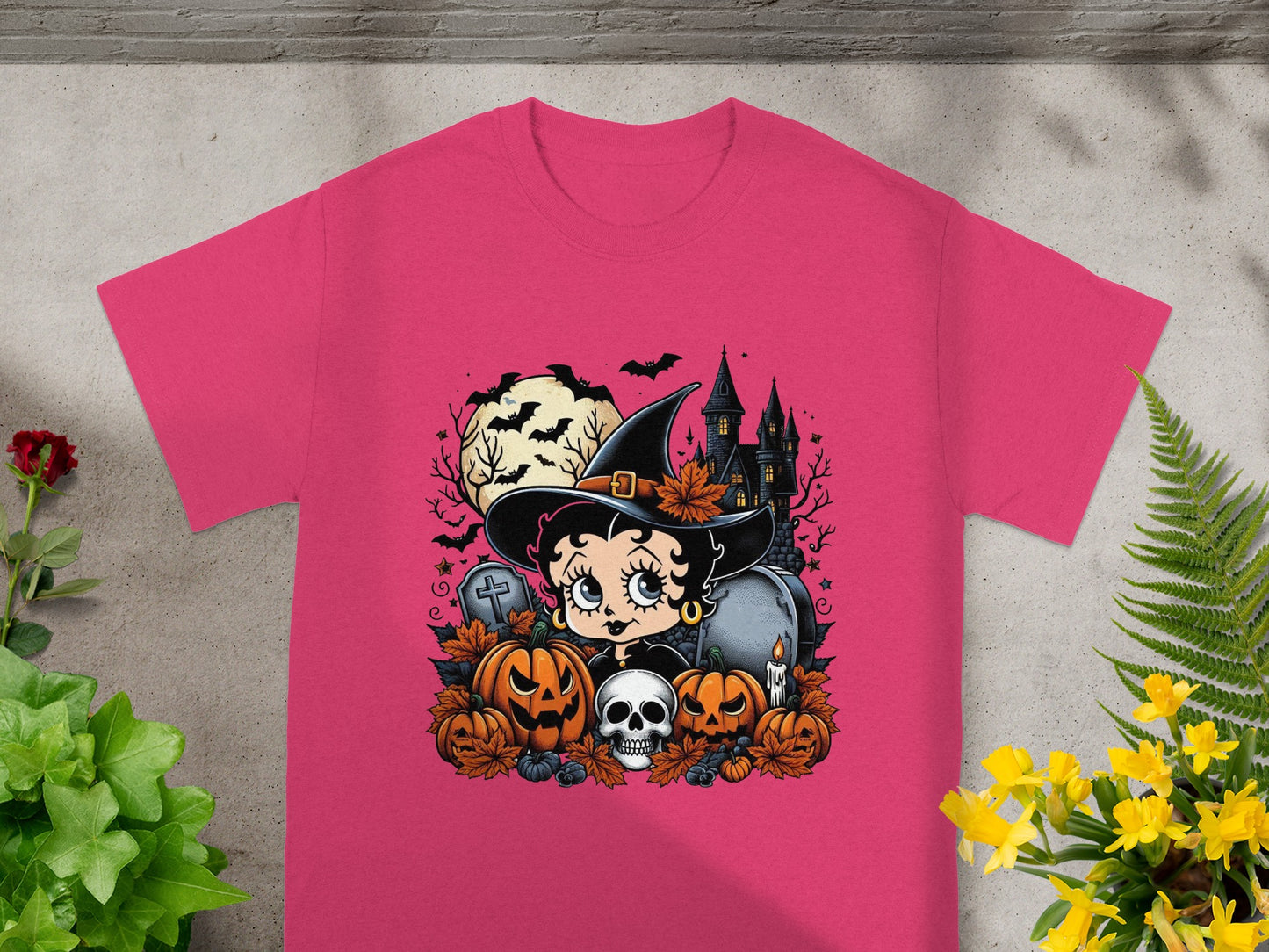 Betty Boop Halloween design with pumpkins, skull, haunted house, and bats.