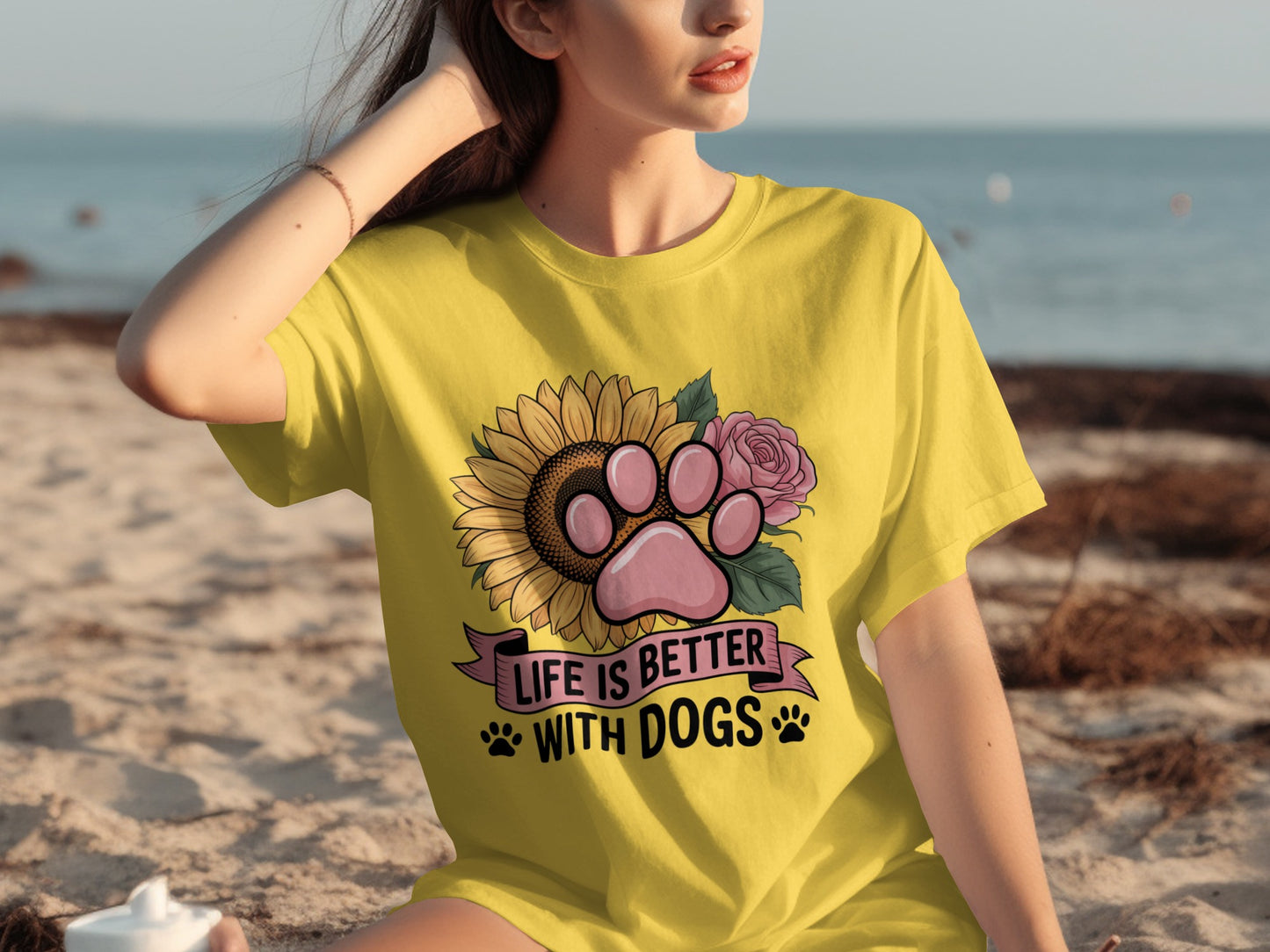 Life is Better with Dogs Sunflower Paw Print T-Shirt