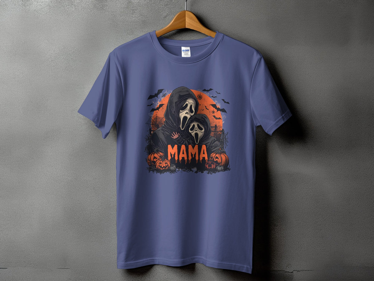 Blue t-shirt with Halloween graphic of two Ghostface figures and the word MAMA.