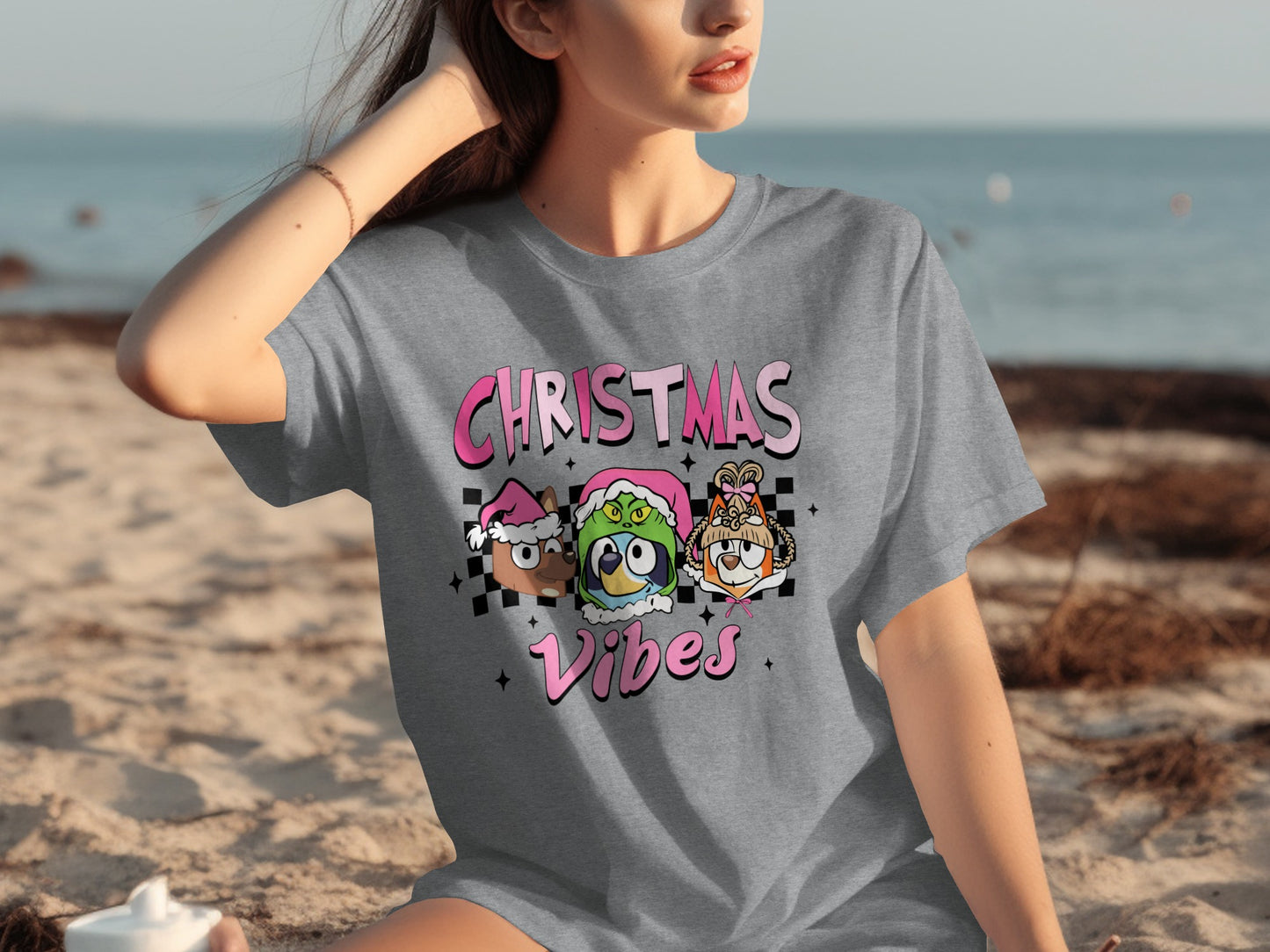 Christmas Vibes Graphic Tee with Cartoon Characters