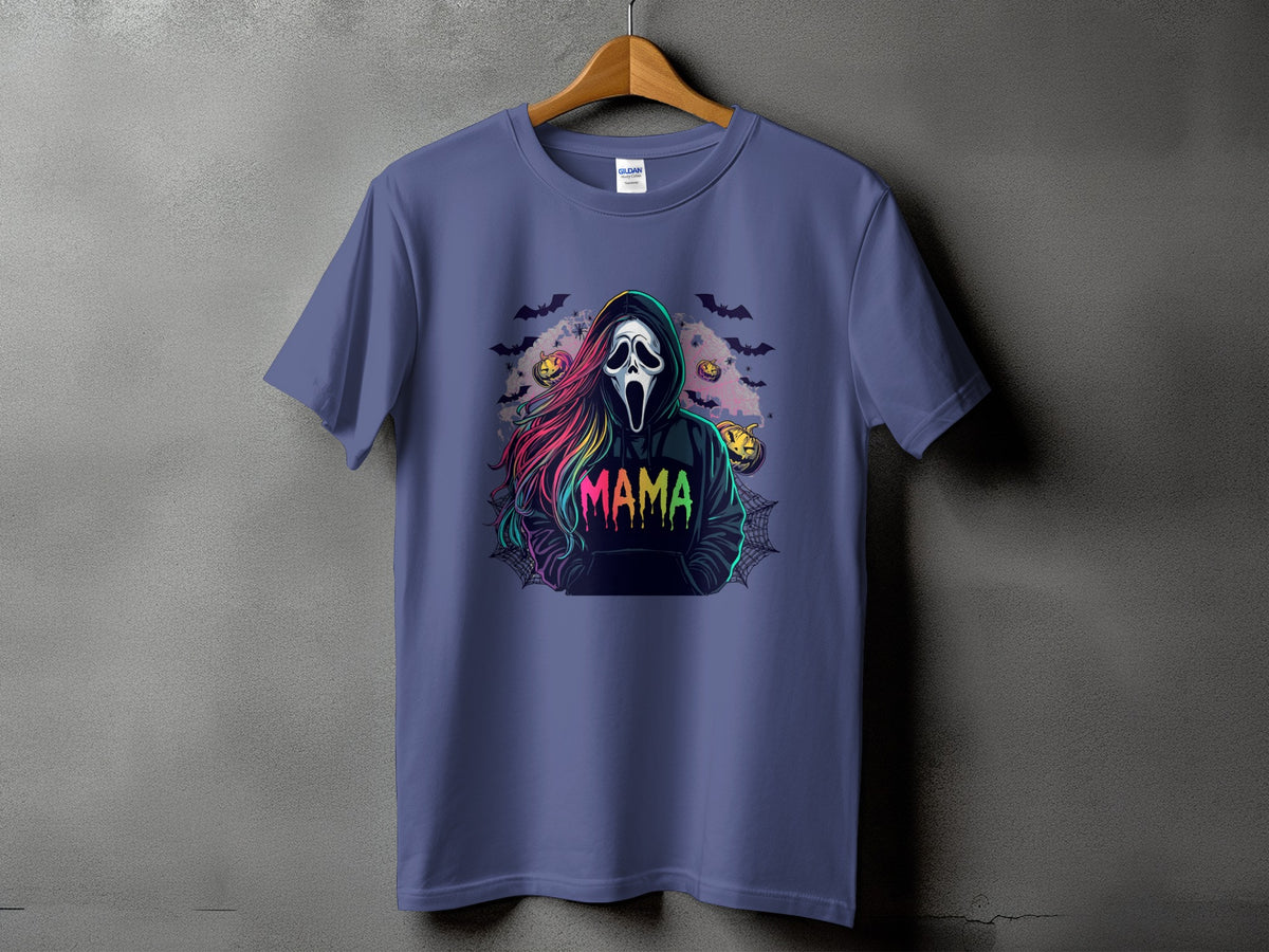 Purple t-shirt with a screaming ghost mask and "MAMA" text for Halloween.