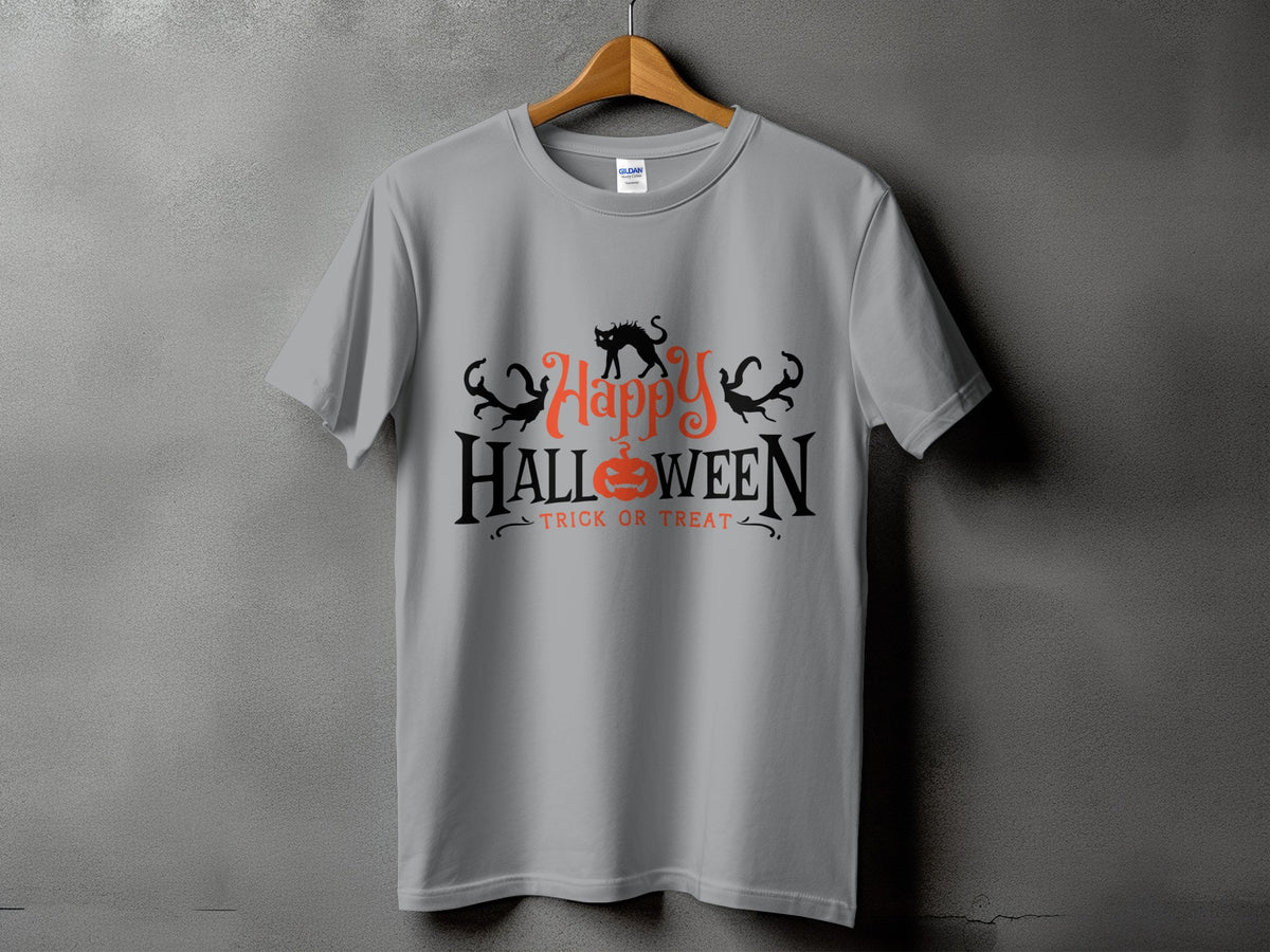 Grey t-shirt with "Happy Halloween Trick or Treat" text and Halloween graphics.