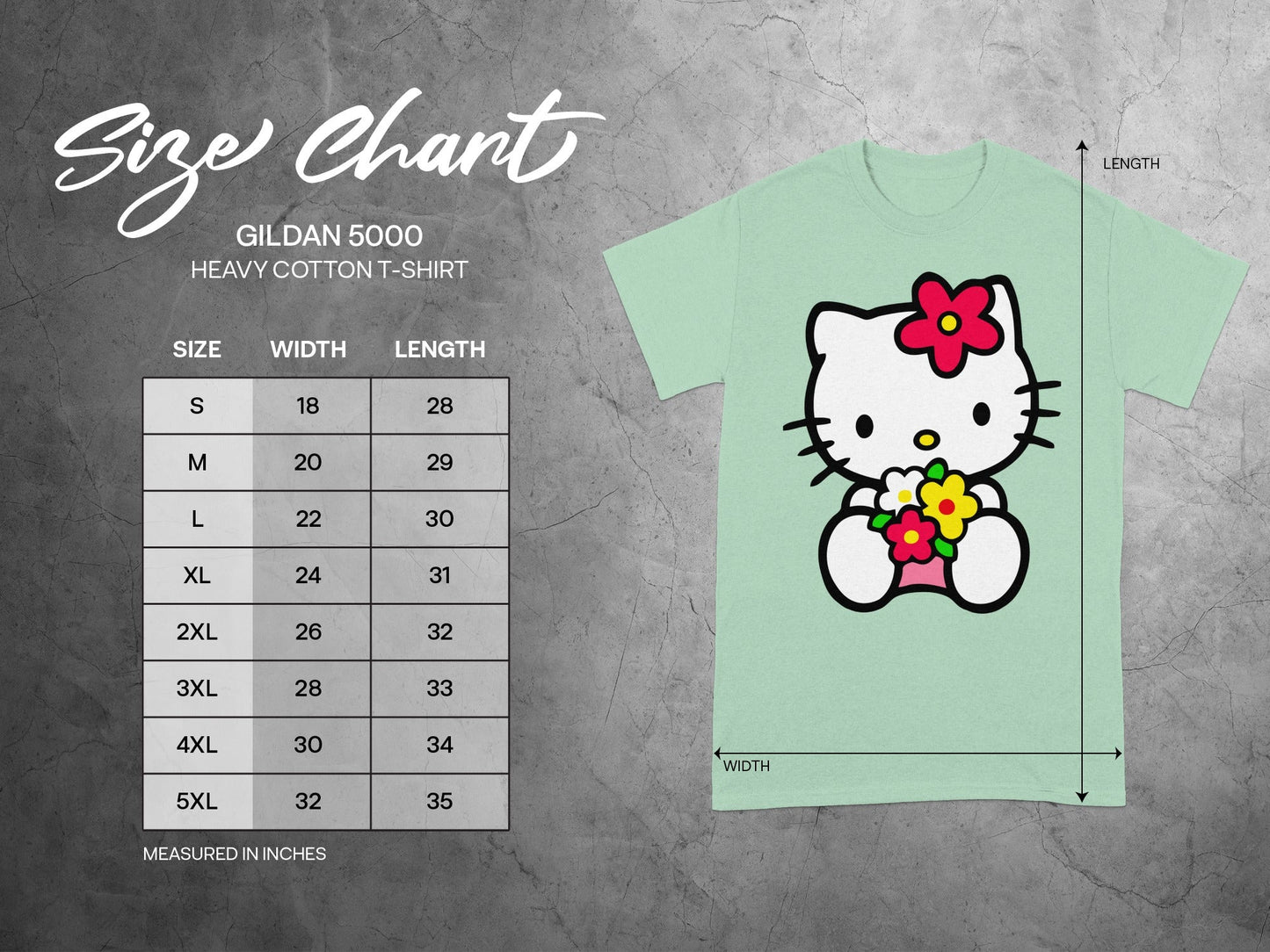 GILDAN 5000 Size Chart Measured In Inches White Cat product type