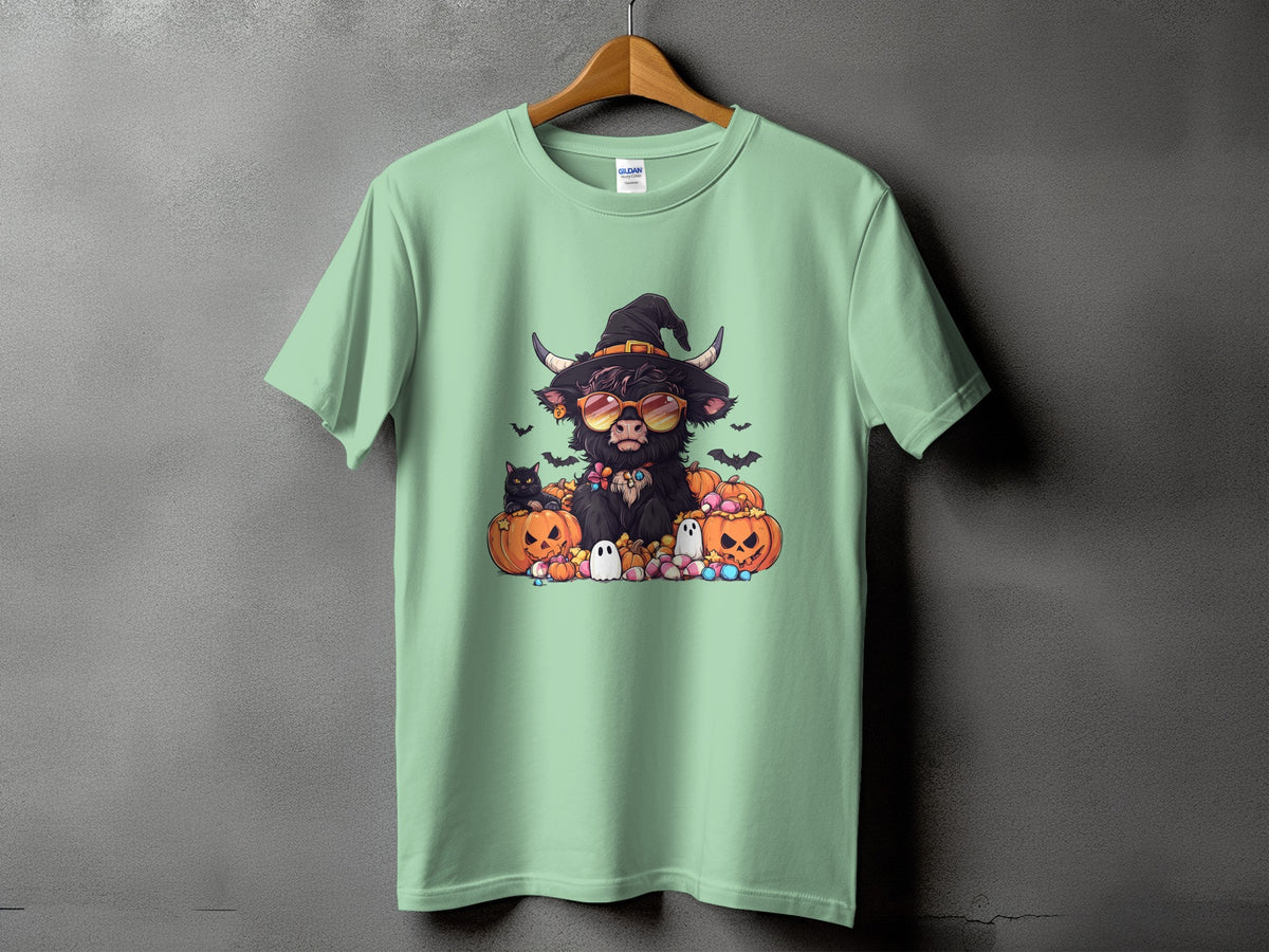 Green t-shirt with Halloween graphic of a cow wearing a witch hat and sunglasses.