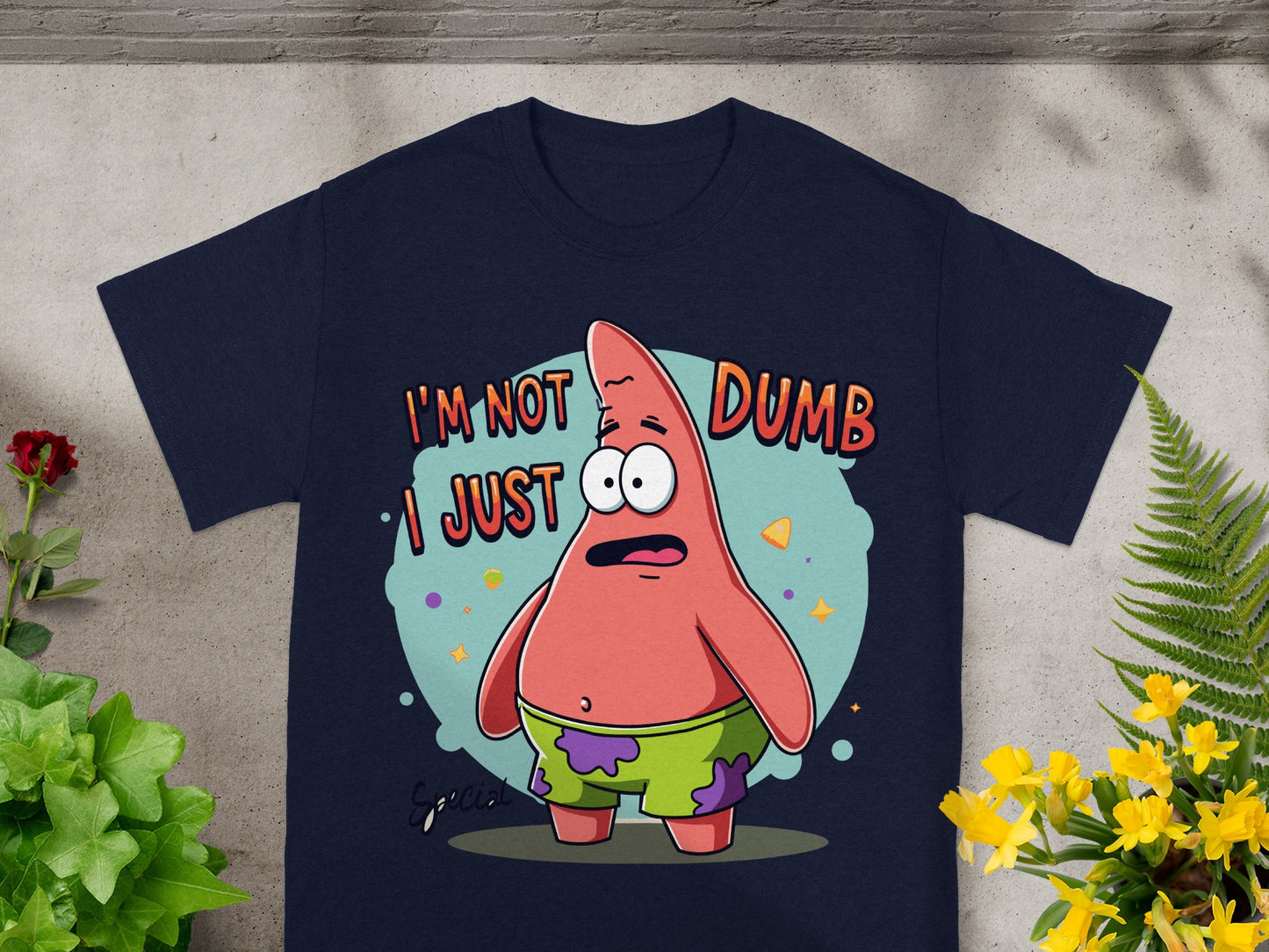 Navy t-shirt featuring Patrick Star saying "I'm not dumb, I just..."