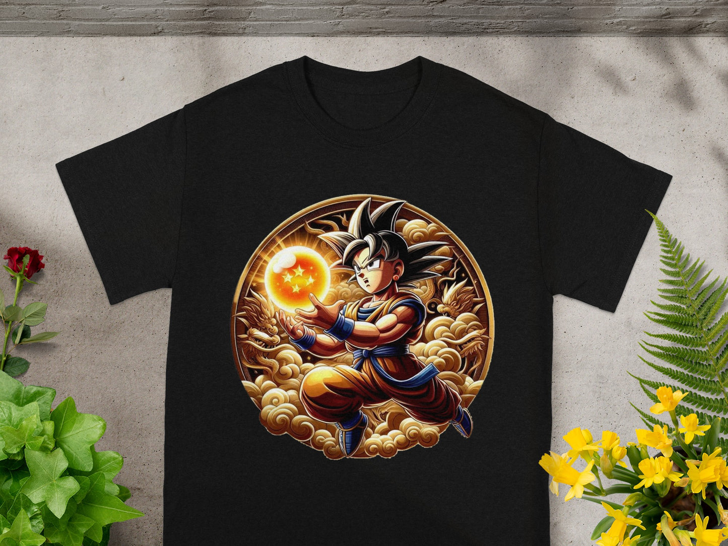 Goku in an orange gi creates an energy ball, surrounded by dragons and clouds.