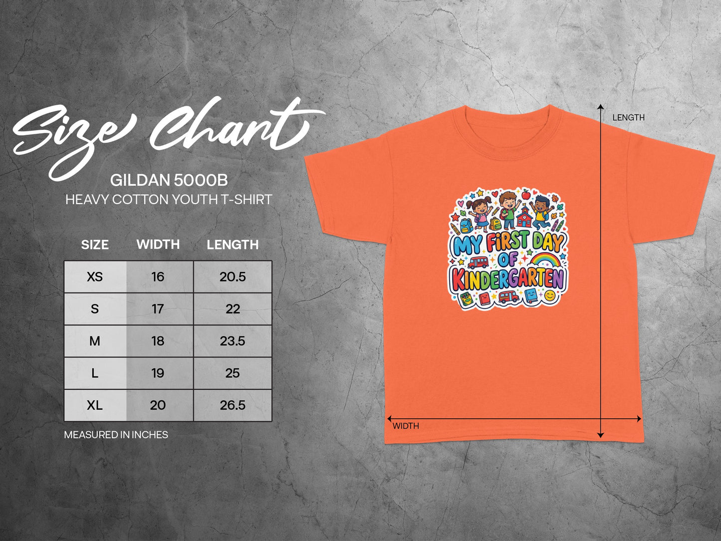 Gildan 5000B youth t-shirt size chart with "My First Day of Kindergarten" graphic.