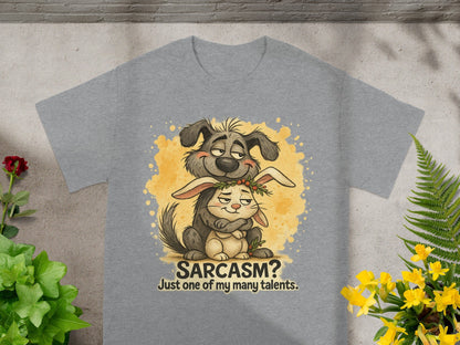 Dog hugging bunny with text "Sarcasm? Just one of my many talents."