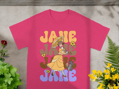Pink t-shirt with "JANE" text and cartoon of a woman with an umbrella.