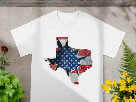 White t-shirt with cracked Texas shape overlaid with American flag design.
