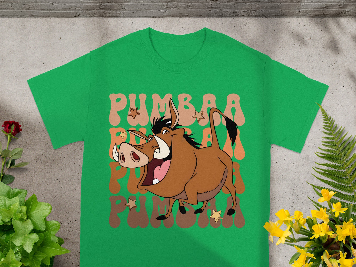 Green t-shirt with Pumbaa from The Lion King and "Pumbaa" text.