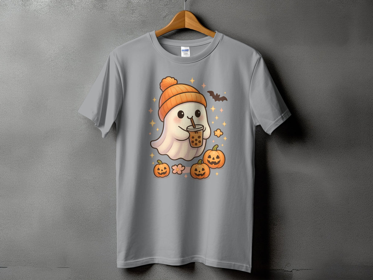 Ghost wearing a beanie and drinking bubble tea with pumpkins and a bat.