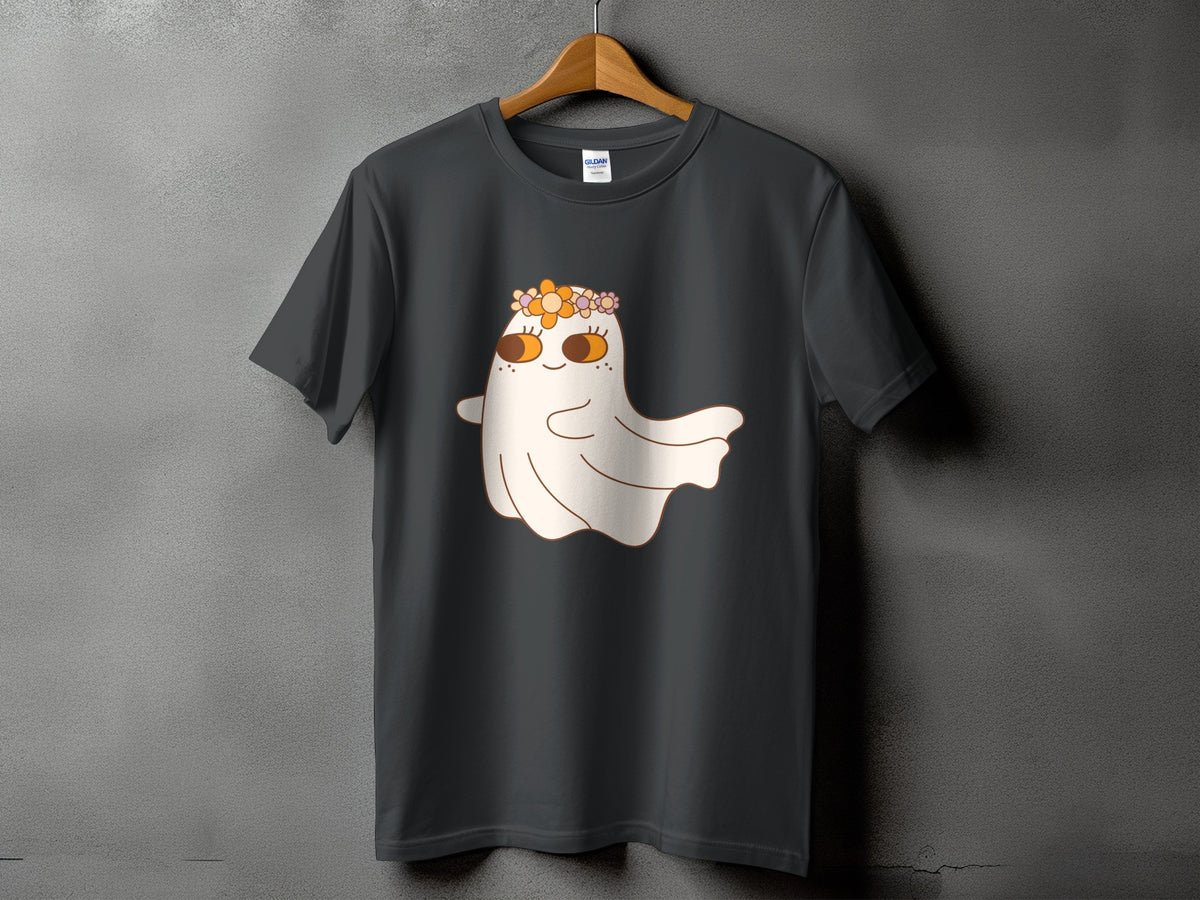 Gray t-shirt with a cartoon ghost wearing a flower crown and smiling.