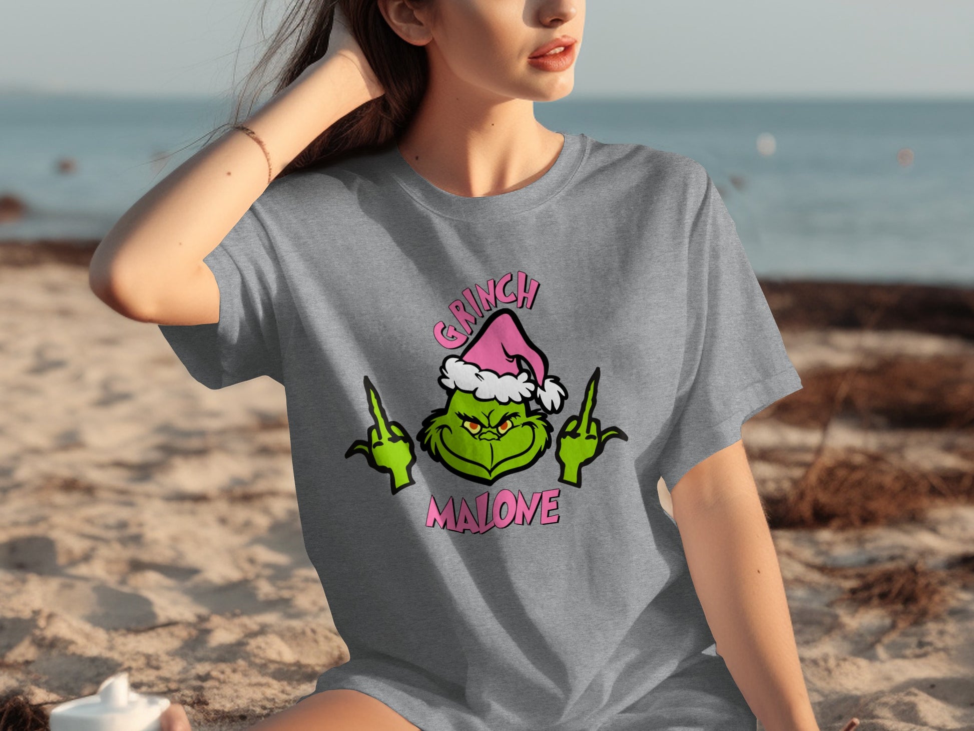 Grinch Malone Graphic T-Shirt with Santa Hat Illustration