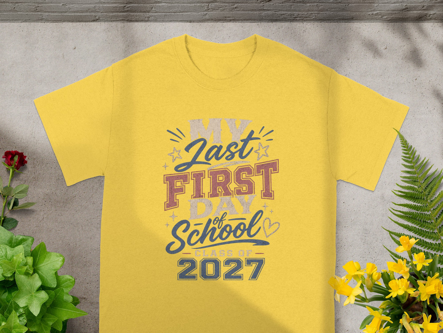 Yellow t-shirt with "My Last First Day of School Class of 2027" graphic.