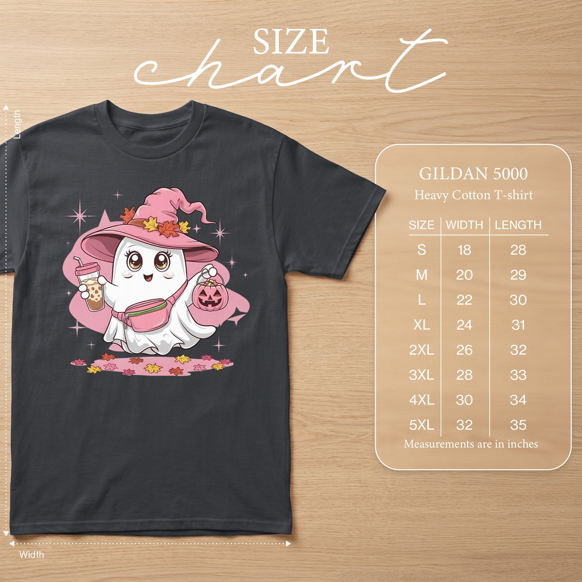 Gildan 5000 Heavy Cotton T-shirt size chart with ghost graphic.