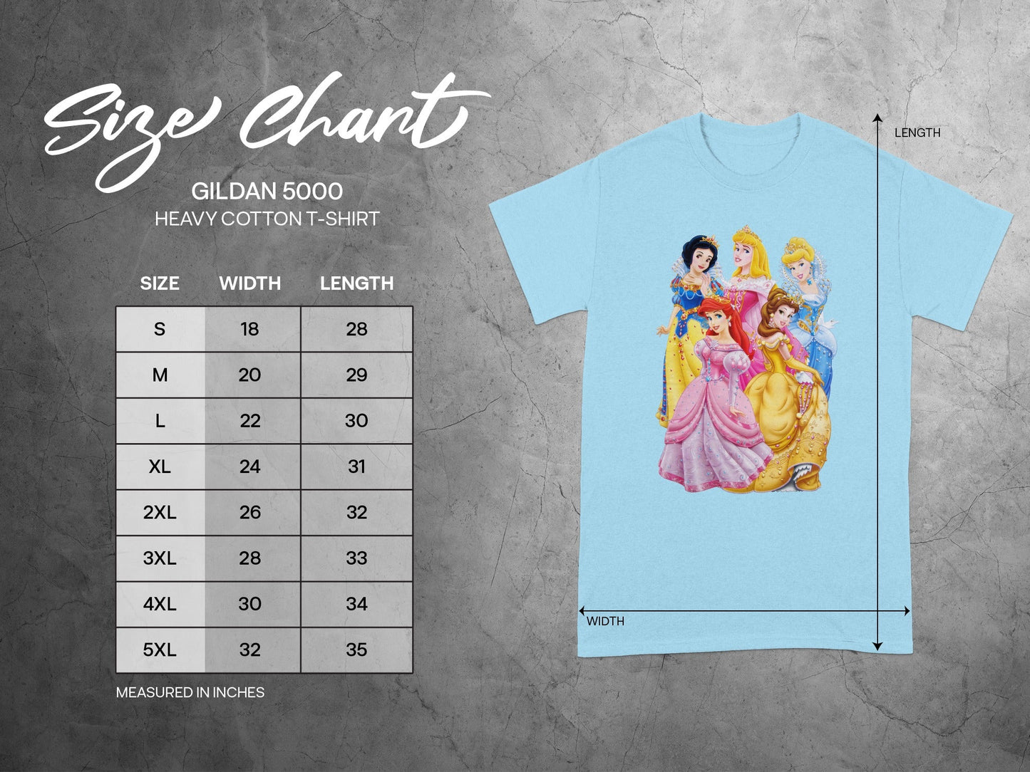 Disney Princesses GILDAN 5000 T-SHIRT Size Chart product type