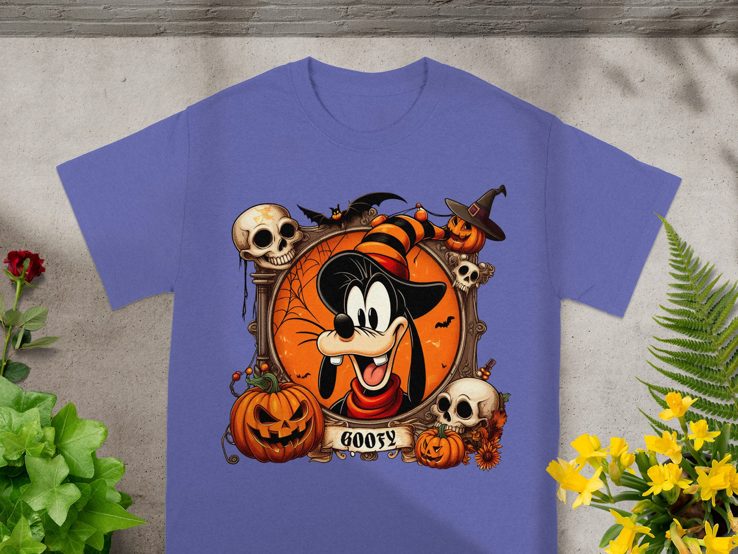 Goofy character in a Halloween frame with pumpkins, skulls, and bats, reading "GOOFY".