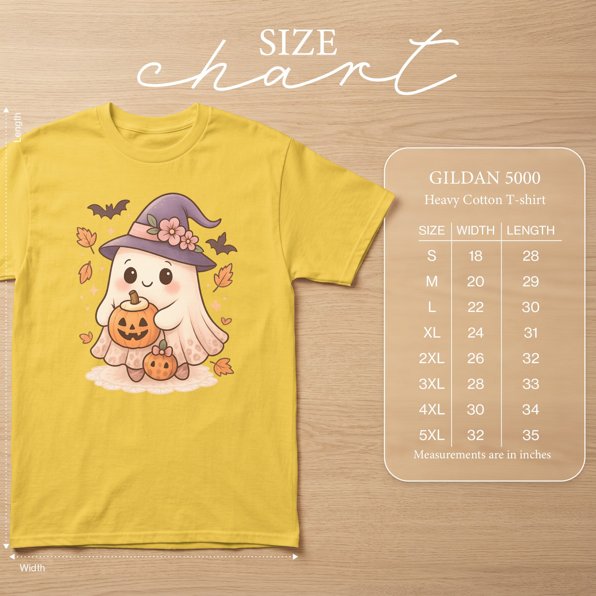 Yellow t-shirt with ghost graphic, pumpkin, bats, and Gildan 5000 size chart.