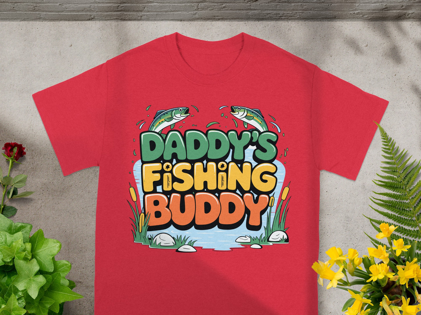 Red t-shirt with "Daddy's Fishing Buddy" text and cartoon fish.