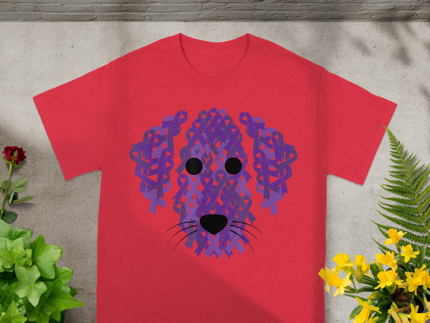 Red T-Shirt with Purple Geometric Dog Face Design