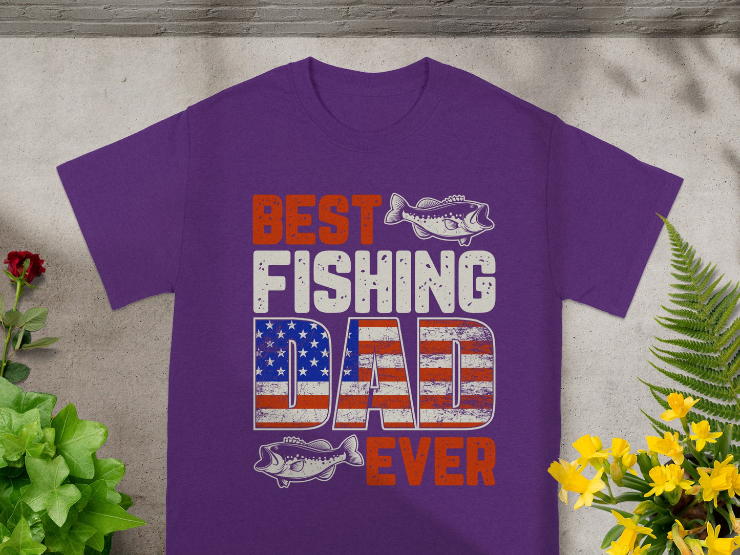 Purple t-shirt with "BEST FISHING DAD EVER" in distressed American flag print.