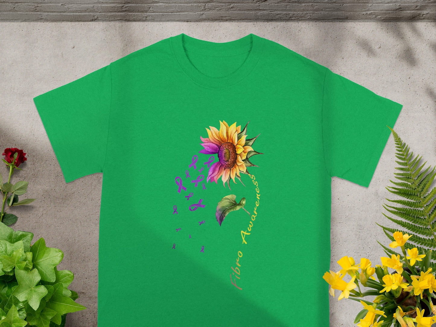 Fibro Awareness Sunflower and Ribbon Green Shirt
