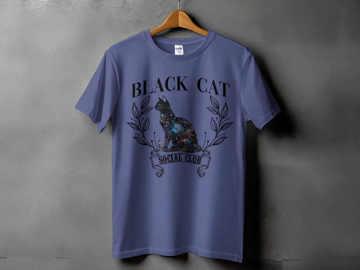 Purple t-shirt with "BLACK CAT SOCIAL CLUB" text and a galaxy cat design.