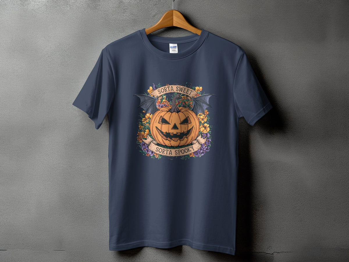 Dark blue t-shirt with jack-o'-lantern, bat wings, and "sorta sweet, sorta spooky" text.