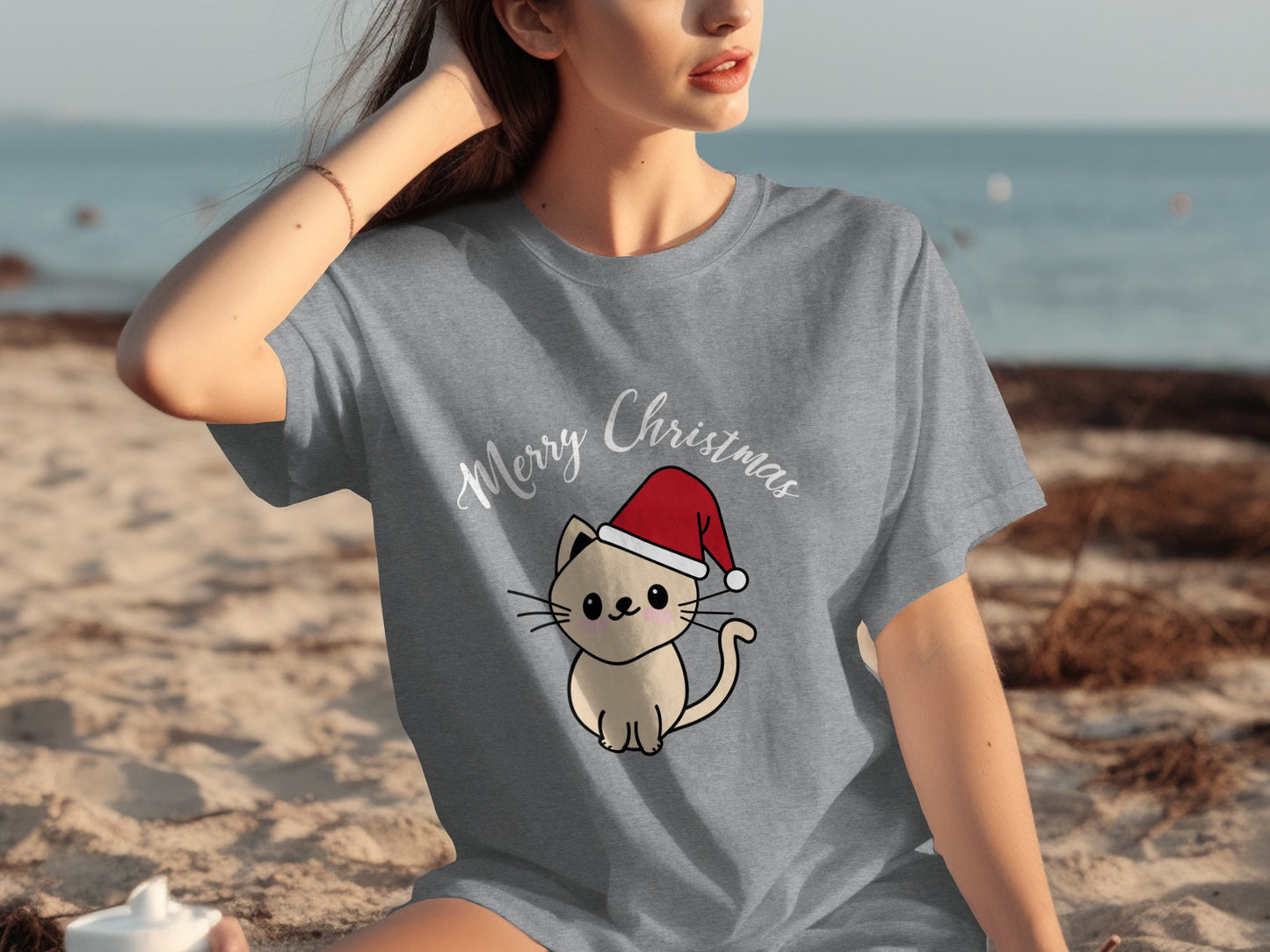 Merry Christmas Cat with Santa Hat T-Shirt