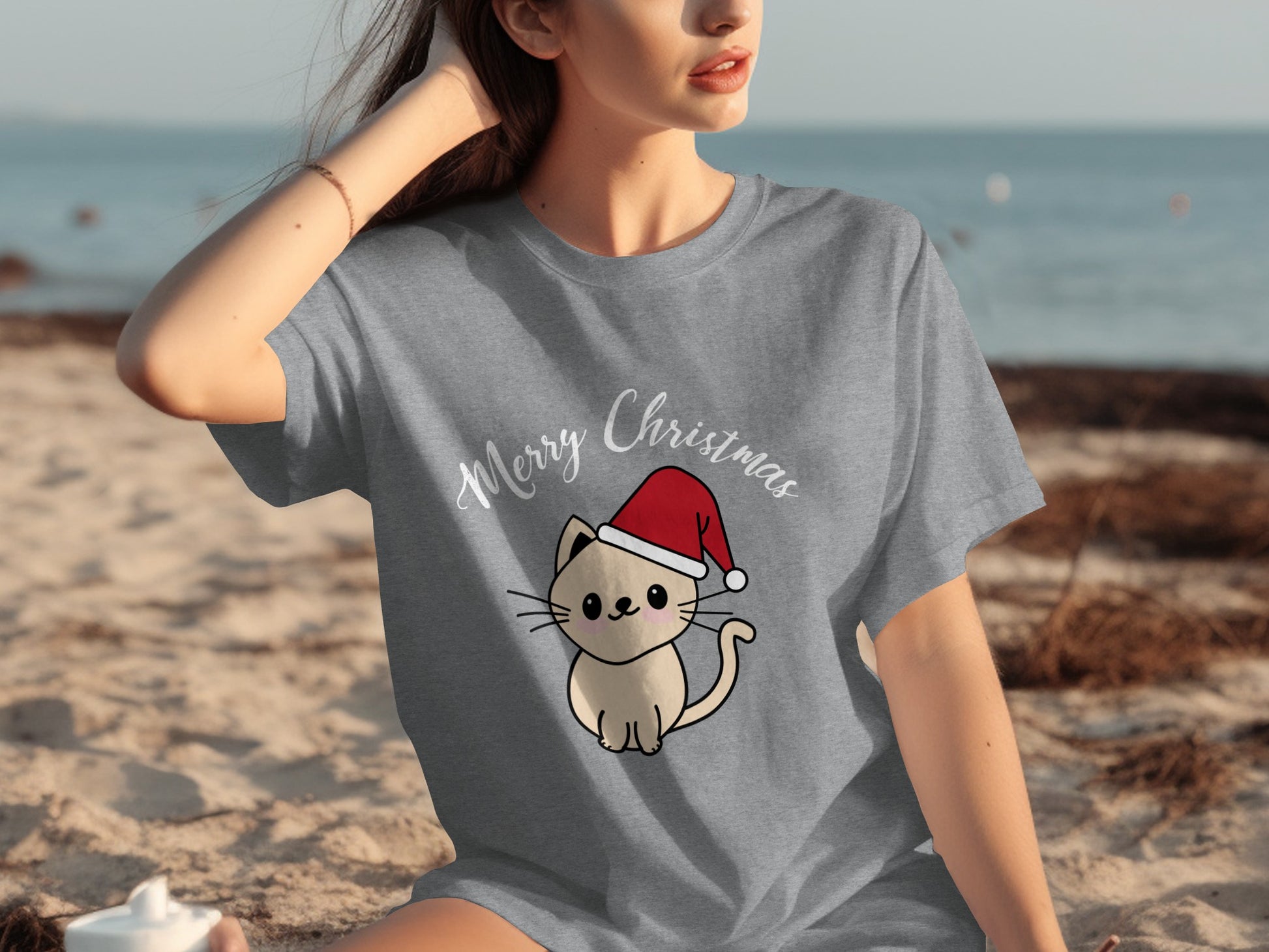 Merry Christmas Cat with Santa Hat T-Shirt