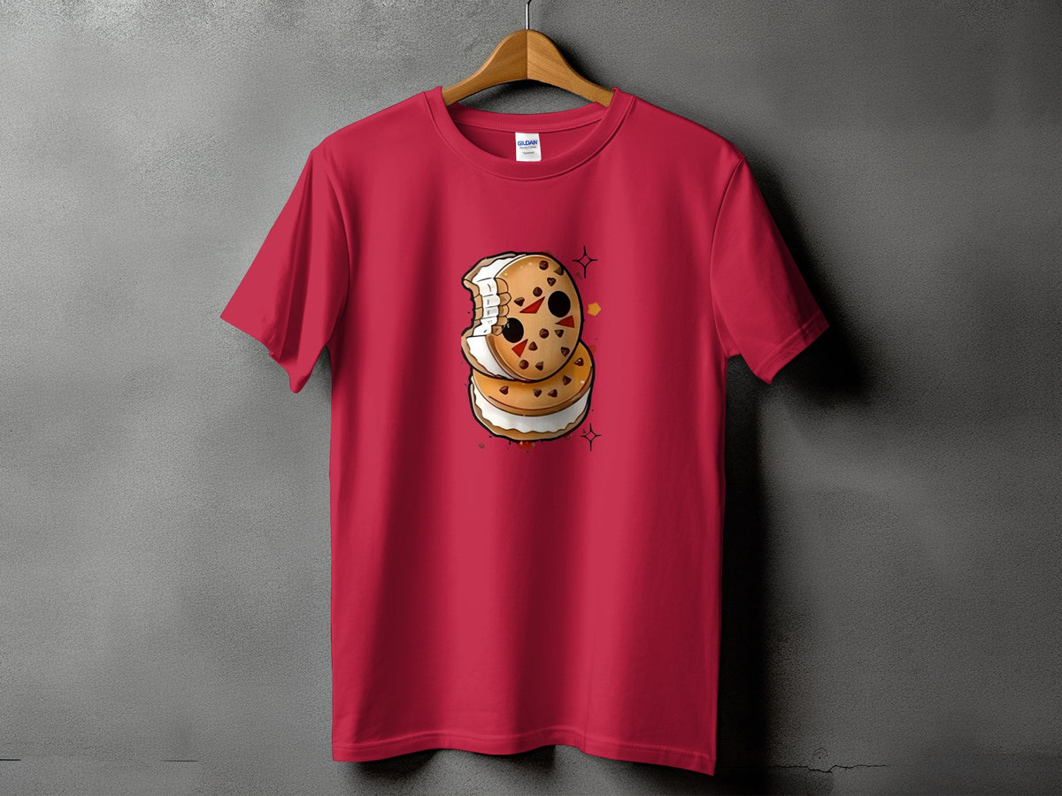 Red t-shirt with a cartoon ice cream sandwich graphic featuring a mask.