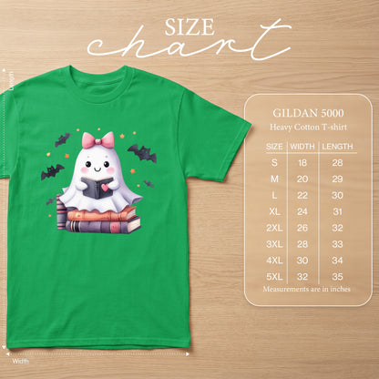 Green Gildan 5000 t-shirt with a ghost reading a book, surrounded by bats. Size chart included.