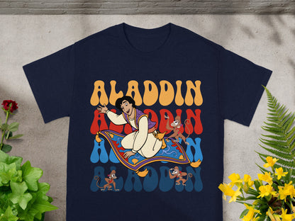 Aladdin and monkeys on magic carpet with "Aladdin" text.