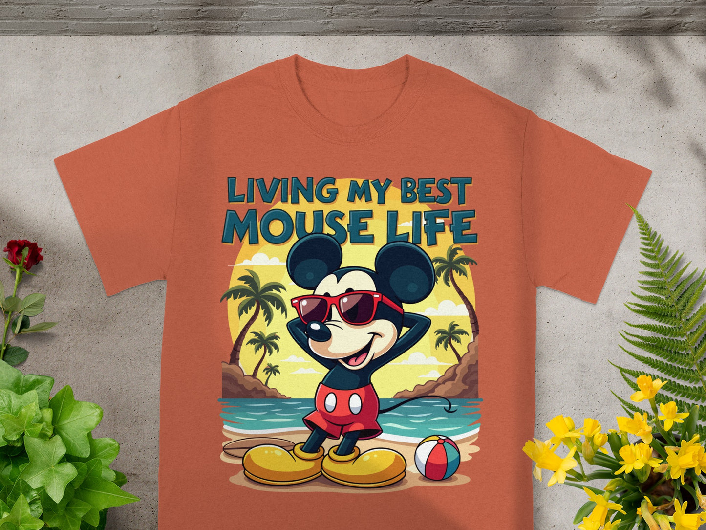 Mickey Mouse on beach with text "LIVING MY BEST MOUSE LIFE"