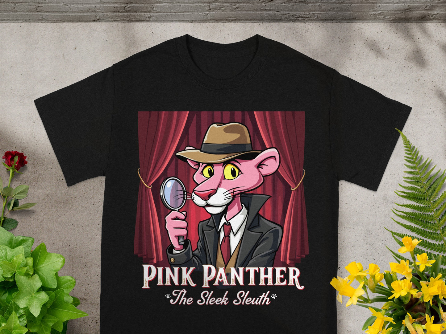 Pink Panther wearing a detective outfit and holding a magnifying glass with text.