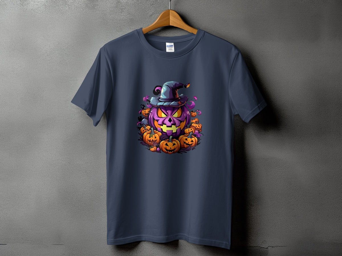 Dark blue t-shirt with a cartoon purple jack-o'-lantern and surrounding pumpkins graphic.