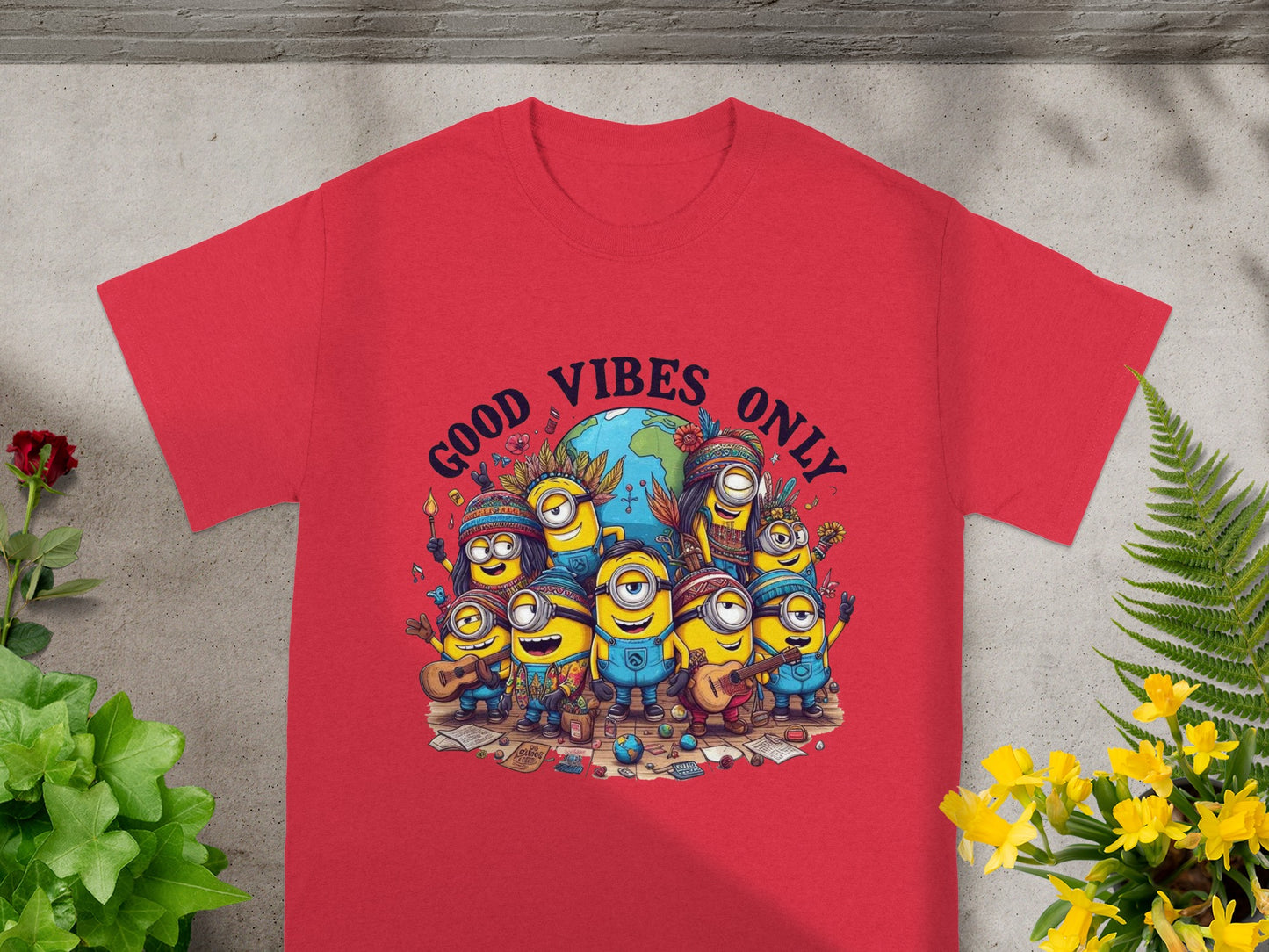Minions with a globe and "Good Vibes Only" text on a red t-shirt.