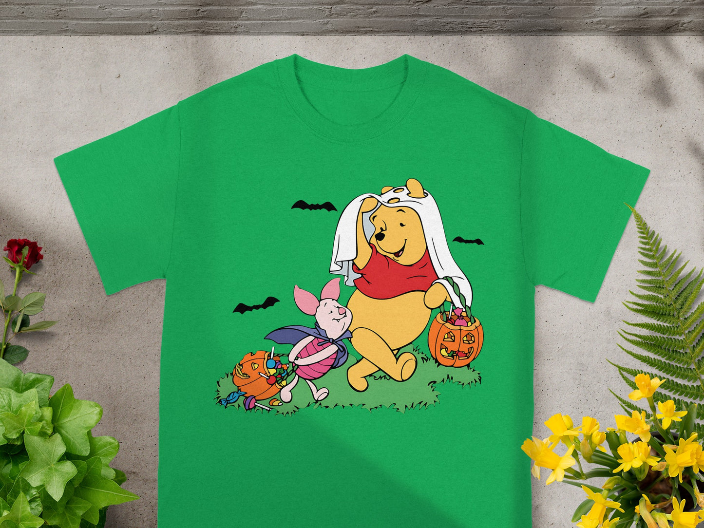 Winnie the Pooh and Piglet dressed for Halloween, trick-or-treating with pumpkins and candy.