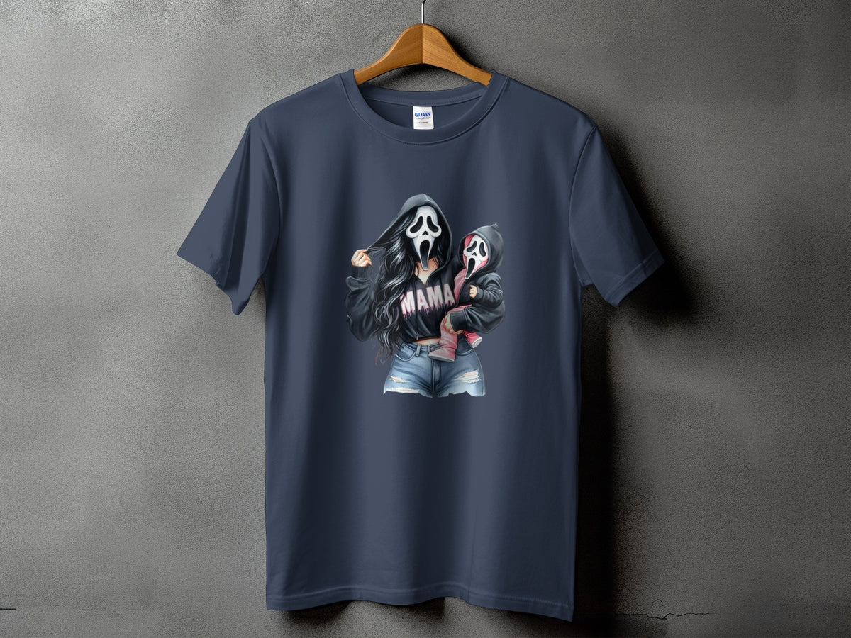 Dark blue t-shirt with graphic of woman and child in ghost masks, text reads "MAMA".