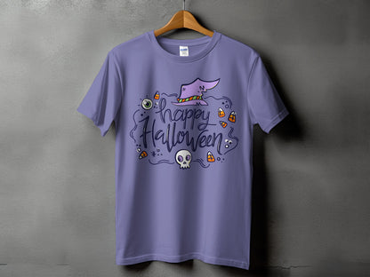 Purple t-shirt with "Happy Halloween" text, witch hat, skull, and candy corn.