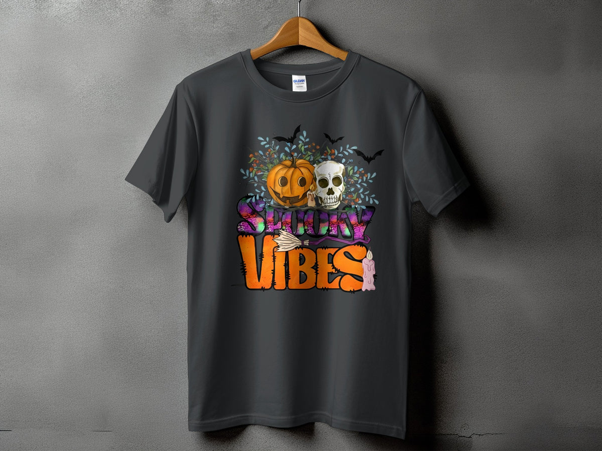 Dark grey t-shirt with "Spooky Vibes" Halloween graphic featuring pumpkin, skull, bats, and candle.