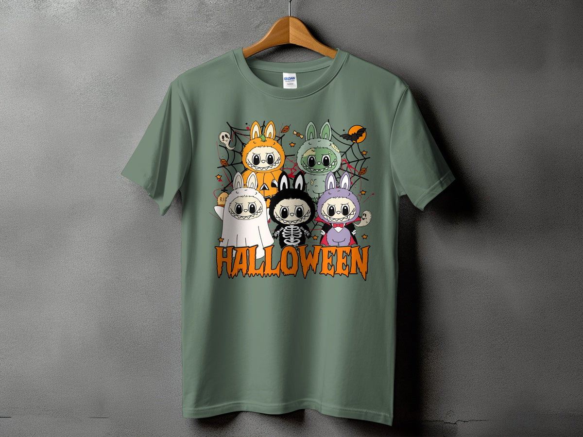 Green t-shirt with Halloween-themed cute characters and text.