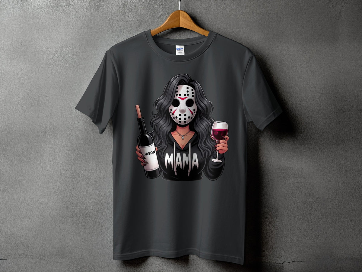 Dark t-shirt with graphic of woman in hockey mask holding wine and bottle labeled "Jason."