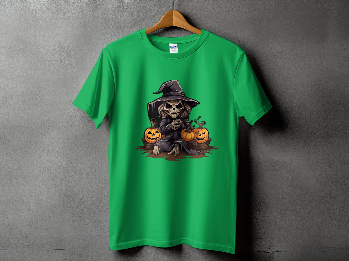 Green t-shirt with grim reaper character sitting between two pumpkins.