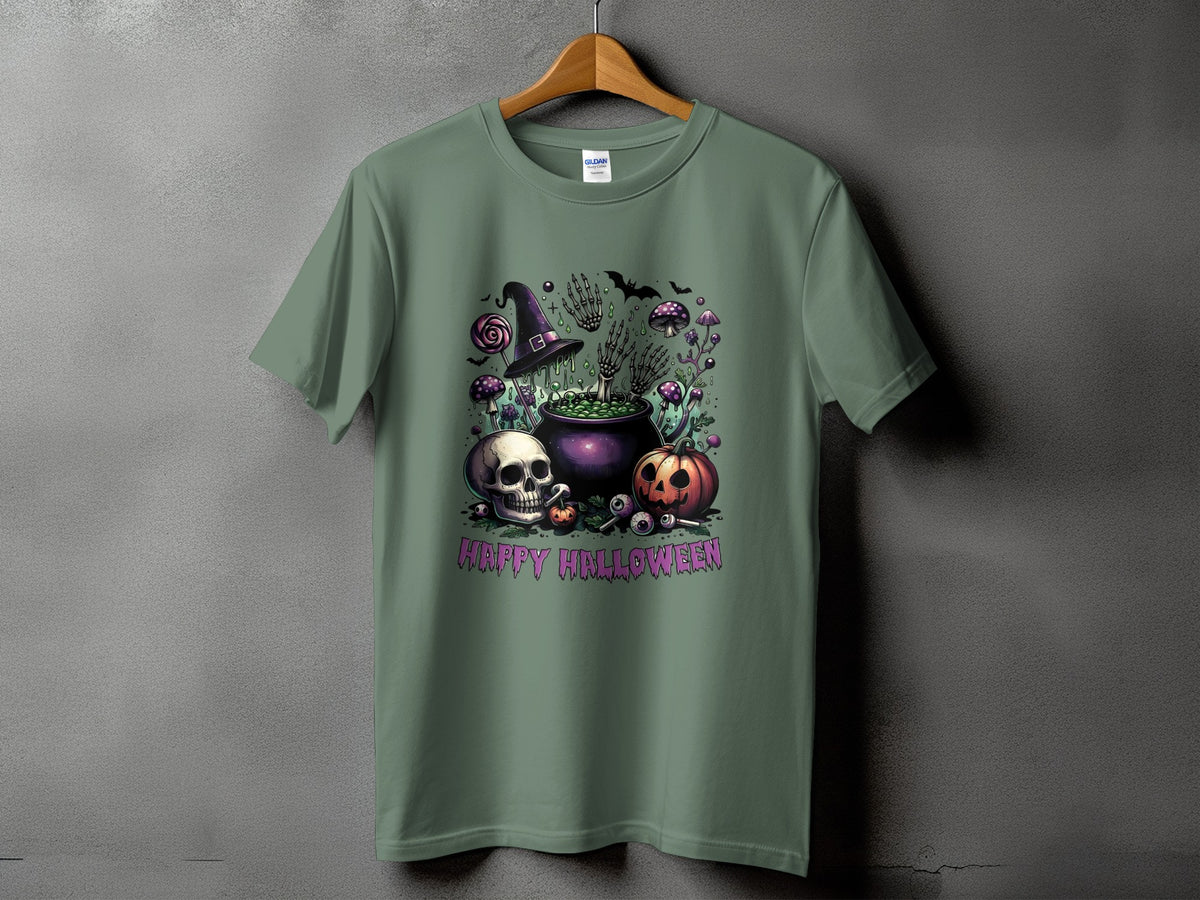 Green t-shirt with Halloween graphic: skull, pumpkin, cauldron, witch hat, and bats.