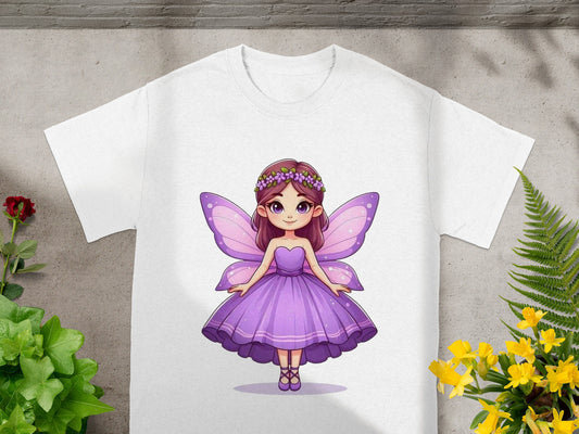 White t-shirt with a cartoon fairy illustration in a purple dress.