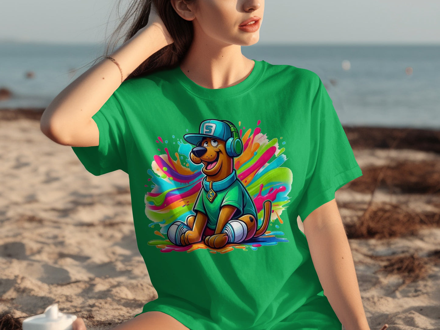 Vibrant Cartoon Dog in Headphones Green T-shirt