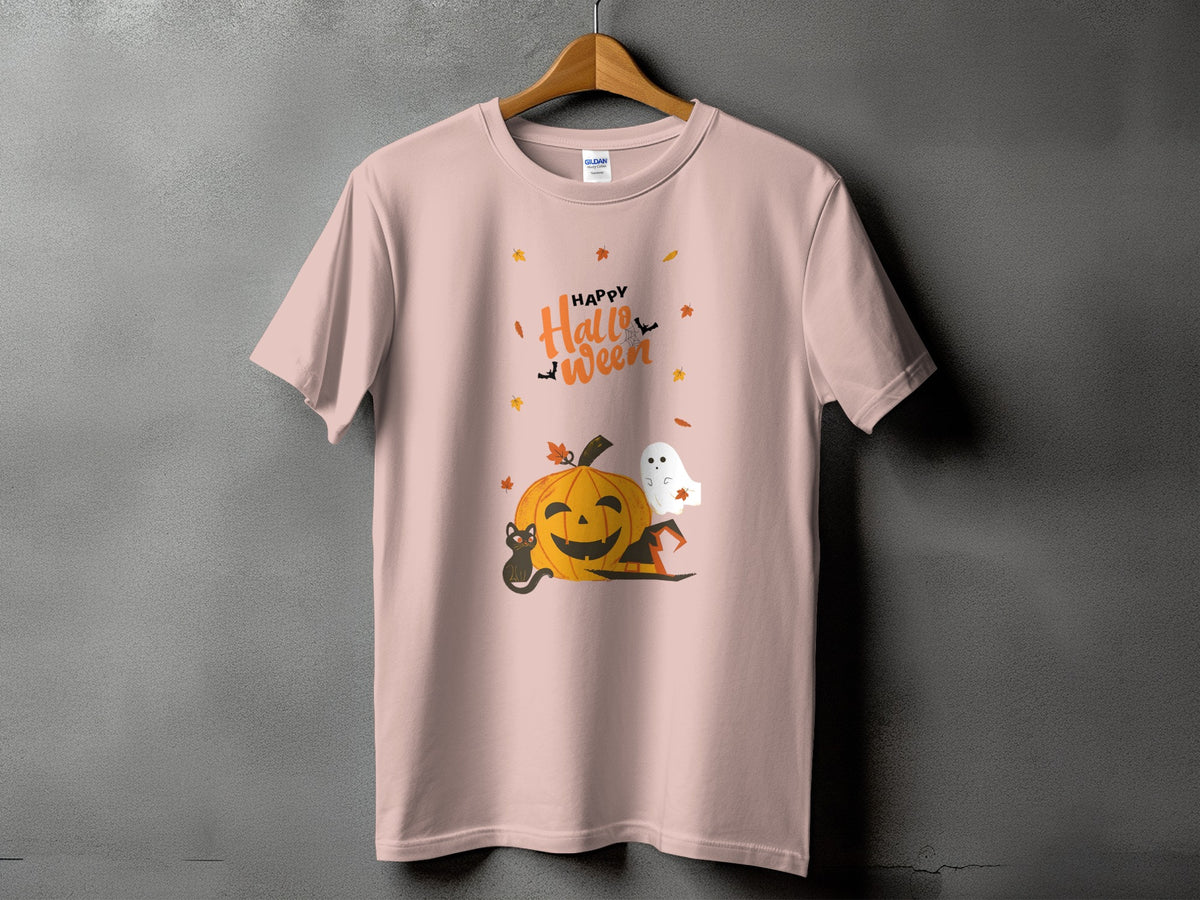 Pink t-shirt with happy Halloween graphic of pumpkin, cat, ghost, and hat.